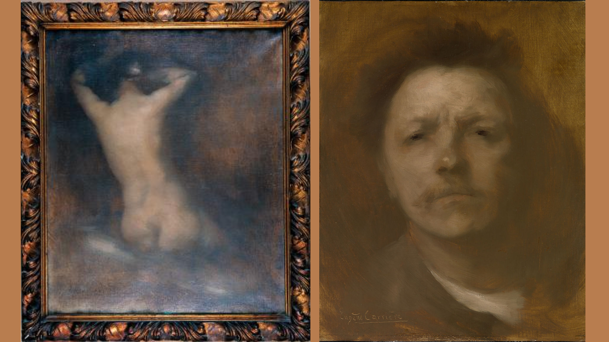 1. Эжен Каррьер. Причёсывающаяся женщина, увиденная со спины. Ок 1889. Музей Родена, Париж. 2. Эжен Каррьер. Автопортрет. 1890. Музей Метрополитен   