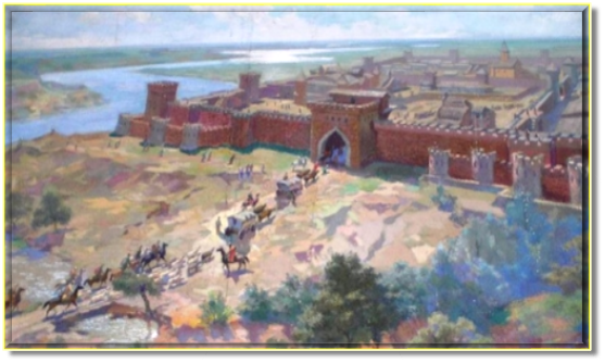 Такой была крепость Саркел в раннем средневековье 7-9 век.  Картина современного художника.