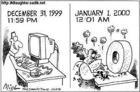 Карикатура на "Проблему 2000 года". Слева - за минуту до наступления 2000 года. Справа - через минуту после наступления 2000 года. Никто не знал, чем обернётся эта проблема, поэтому фантазировали как могли :)