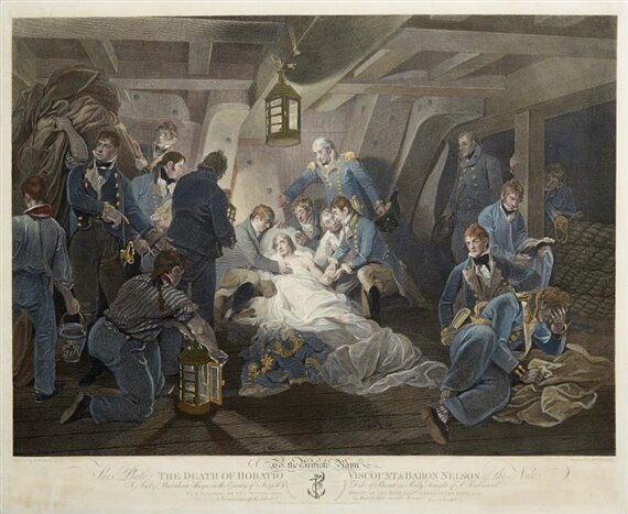 Раскрашенная гравюра по картине Девиса "Смерть Адмирала Нельсона"