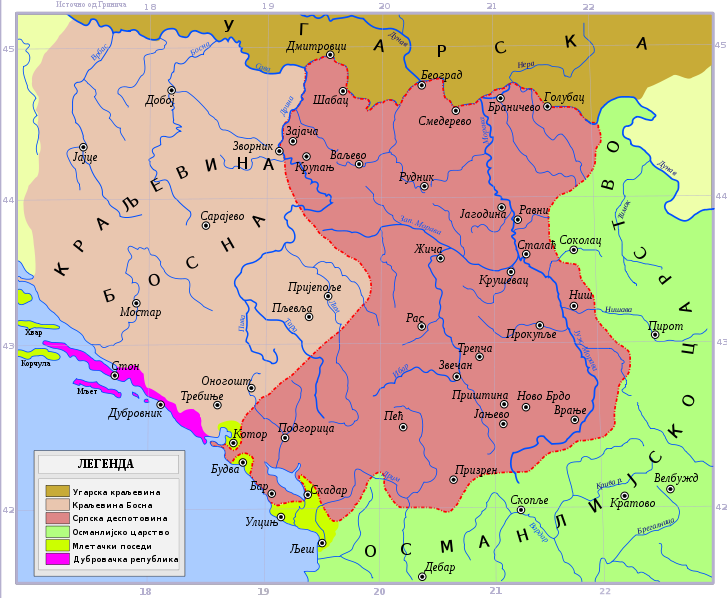Карта Сербской деспотовины 1422 года. Легко заметить, какое важное стратегическое положение было у крепости Голубац. Фото с сайта "Википедия".