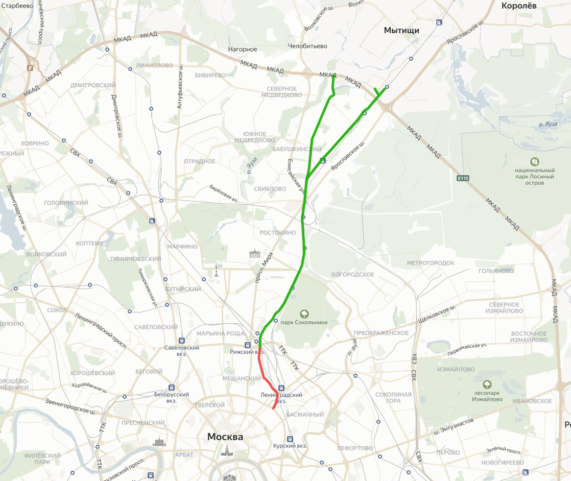 Трассировка дублёра Ярославского шоссе из генерального плана Москвы (2010.