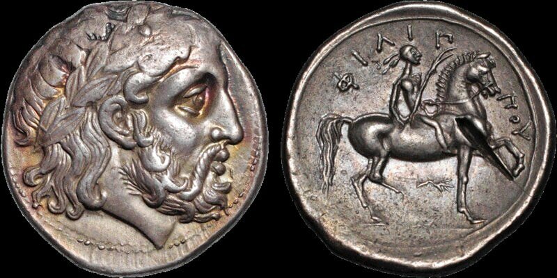 Древнегреческая серебряная монета в 4 драхмы с изображением Филиппа II Македонского