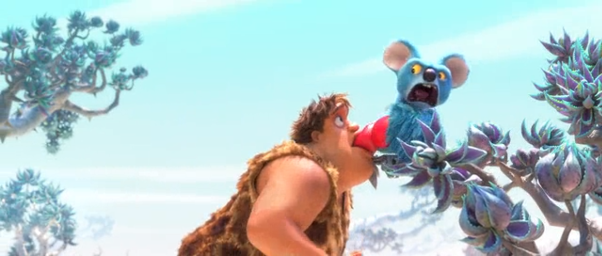 Но это оказывается ягодицы неведомого зверя.  Ха-ха, как смешно... Кадр из мультфильма "Семейка Крудс. Новоселье"