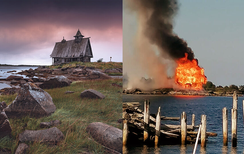 Слева: мой снимок 2020 года. Справа кадр сделанный во время пожара из интернета.