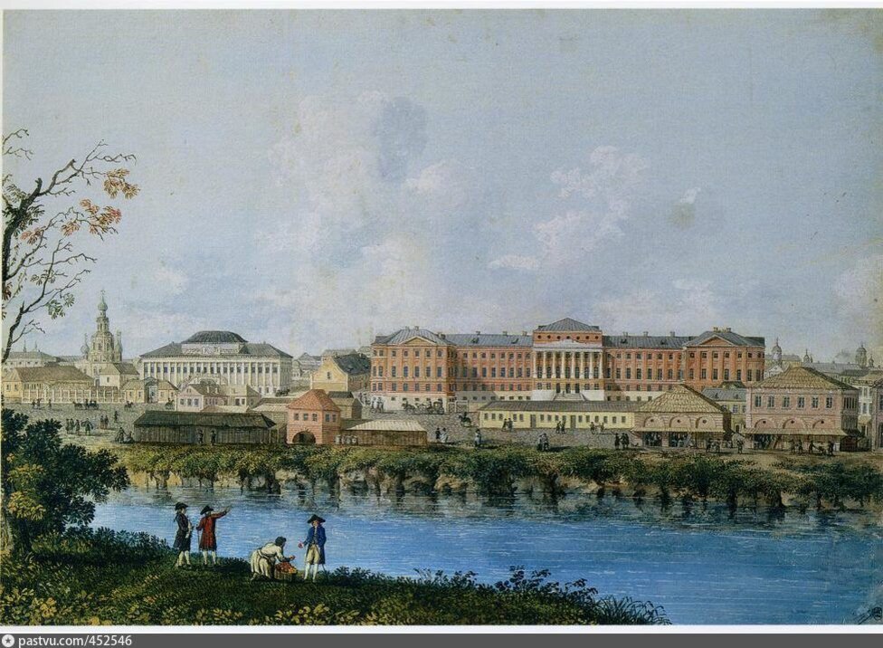Московский университет на берегу запруженной Неглинной. Рисунок 1790-х (судя по костюмам). Новое (а теперь дважды "старое") здание на Моховой строилось в 1786-93 годах, до его открытия Рост не дожил.