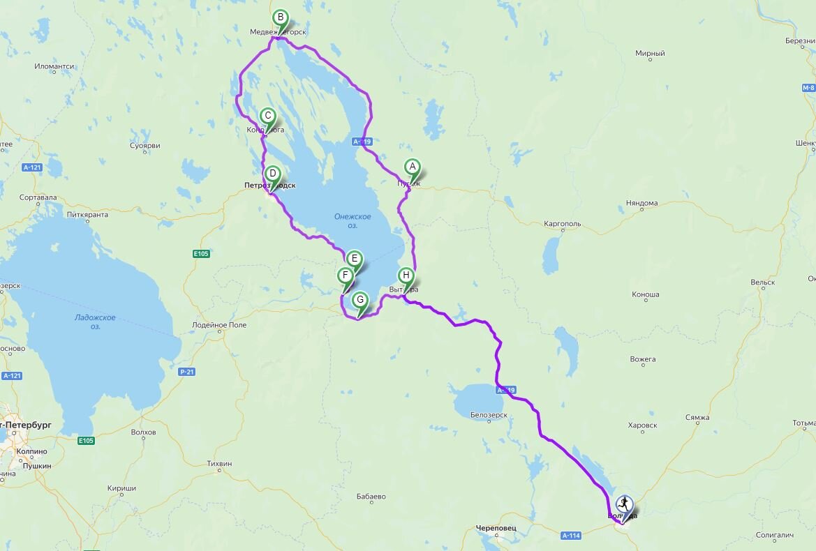 Приблизительный маршрут велопутешествия из Вологды в Карелию