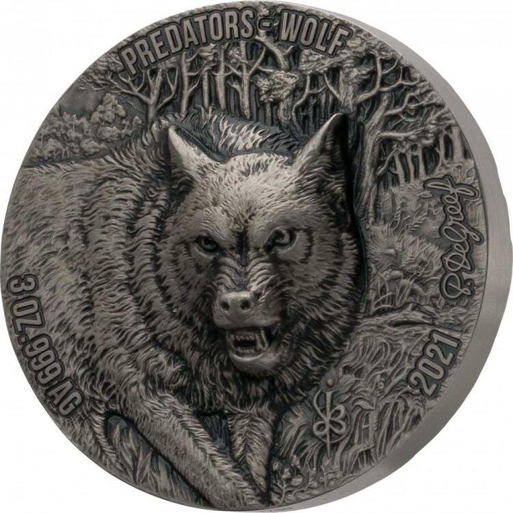 Монета от Кот-д’Ивуар 2021 Wolf Predators 93,3 грамма фото с сайта vcoins.com