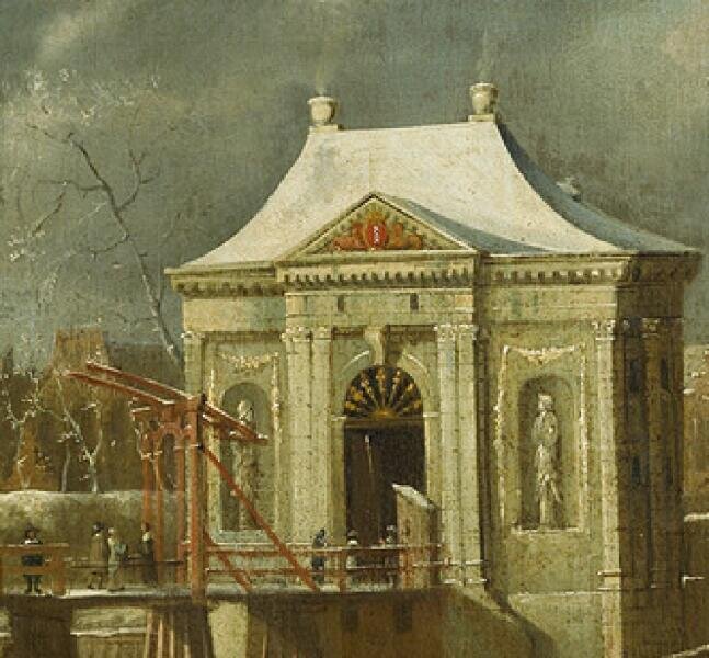 Ян Абрахам Беерстратен, «Зимняя сценка у Святых ворот Амстердама», фрагмент «Сторожевая будка, пешеходы и стражник», 1663 г.Фото: Общественное достояние