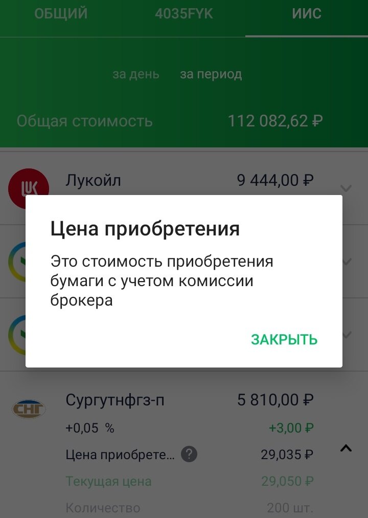 Цена за акцию Сургутнфгз-п = 29,035 рублей с учётом комиссии брокера