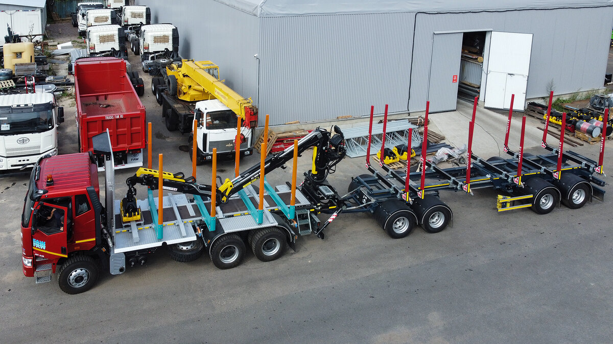 Cортиментовоз FAW J6 СА3250 (EURO 5) / Алюминиевая лесовозная надстройка V-Forest Aero / Гидроманипулятор ESSEL EC80S-93 / Прицеп V-TRAILER 306