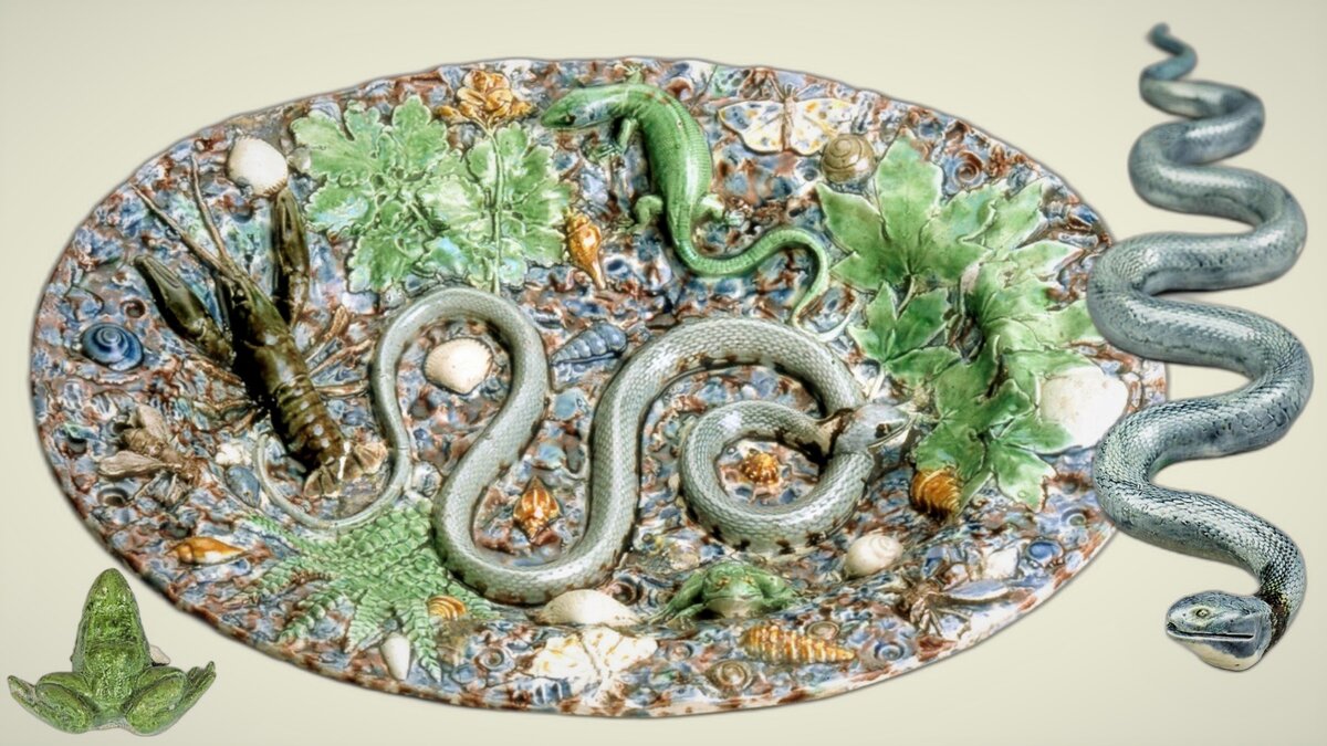 Блюдо для фруктов, Бернар Палисси, 1560 г. Справа — портрет ужа, 1585 г. © Британский музей