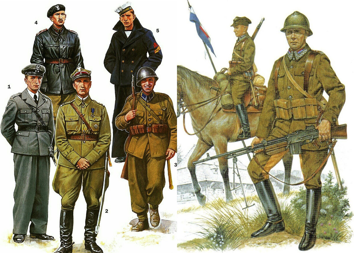 Поляки на 1939 год. Слева: 1. Поручик польских ВВС в служебной форме образца 1936 года. 2. Майор кавалерийских частей в служебной форме для верховой езды.
3. Рядовой пехотных частей в служебной форме с походным снаряжением.
4. Старший сержант танковых частей в служебной форме поверх которой одета кожаная куртка для экипажей бронированных машин.
5. Моторист польских ВМС в выходной форме. Художник — А. Каращук. Справа — польские кавалеристы. Художник — Richard Hook.
