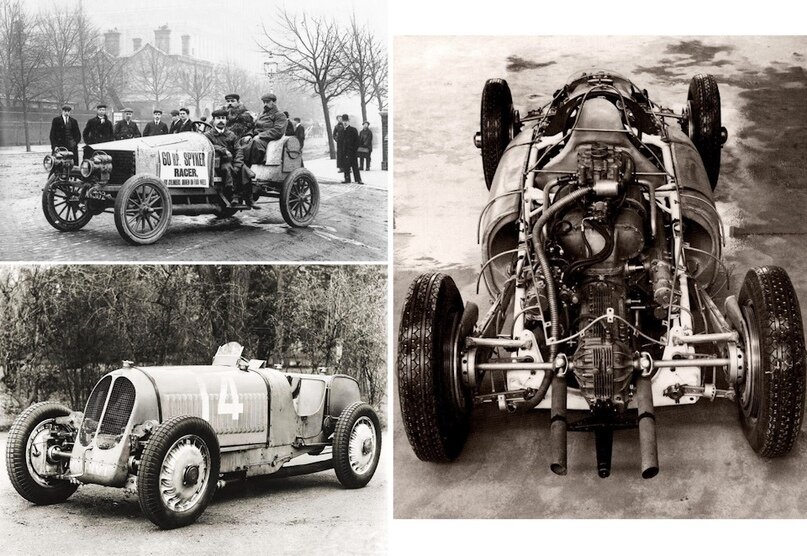 Cлева вверху – полноприводный Spyker, принимавший участие в пробеге Мадрид-Париж, 1903 г.; слева внизу – Bugatti Type 53, первый полноприводный автомобиль Гран При; справа – Cisitalia 360, которая могла стать первым полноприводным болидом Формулы-1. 