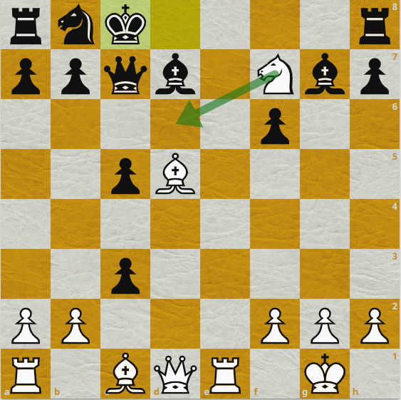 Кd6+ отличное решение: что дальше?Берем ферзем коня?