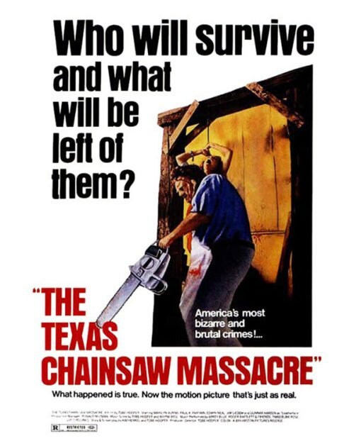 Постер к фильму "Техасская резня бензопилой" (The Texas Chain Saw Massacre). Год производства: 1974. Страна: США. Жанр: ужасы, триллер. В главных ролях: Мэрилин Бёрнс, Аллен Дэнзигер, Пол А. Партэйн, Уильям Вэйл, Тери МакМинн, Эдвин Нил, Джим Сидоу, Гуннар Хансен, Джон Дуган, Роберт Куртин.