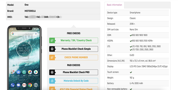 проверка на сайте IMEI.info