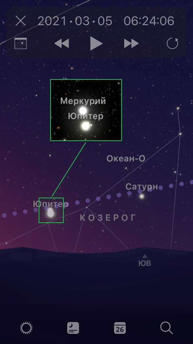 Положение Меркурия и Юпитера 05.03.2021 г.  для широты г. Казань