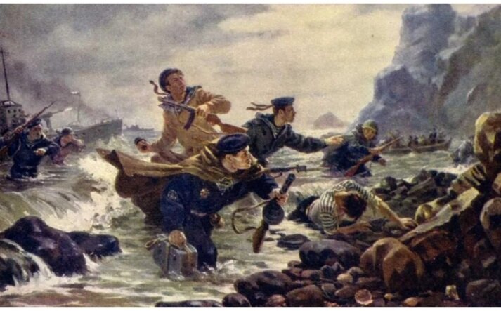 Десант на Курильских островах. Художник Андрей Иванович Плотнов (1916-1997). Дата создания картины 1948 год.