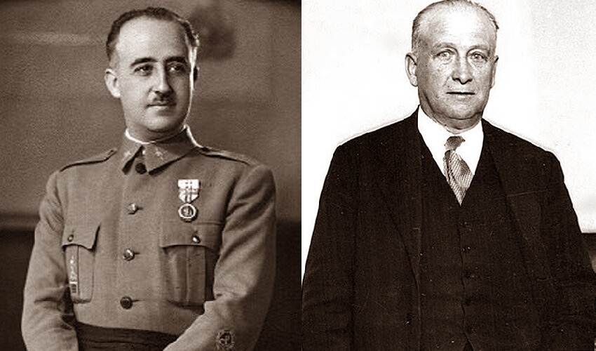 Слева: Франсиско Франко Баамонде – Испанский военный и государственный деятель, один из организаторов военного переворота 1936 года, который привёл к кровопролитной гражданской войне между республиканцами и националистами. Справа: Франсиско Ларго Кабальеро – глава Испанской социалистической рабочей партии. В период второй республики председатель правительства. #золотой, #запас, #испании, #золото, #сталин, #франко, #кабальеро. /Данное изображение сделал я, фото взяты из открытых источников/