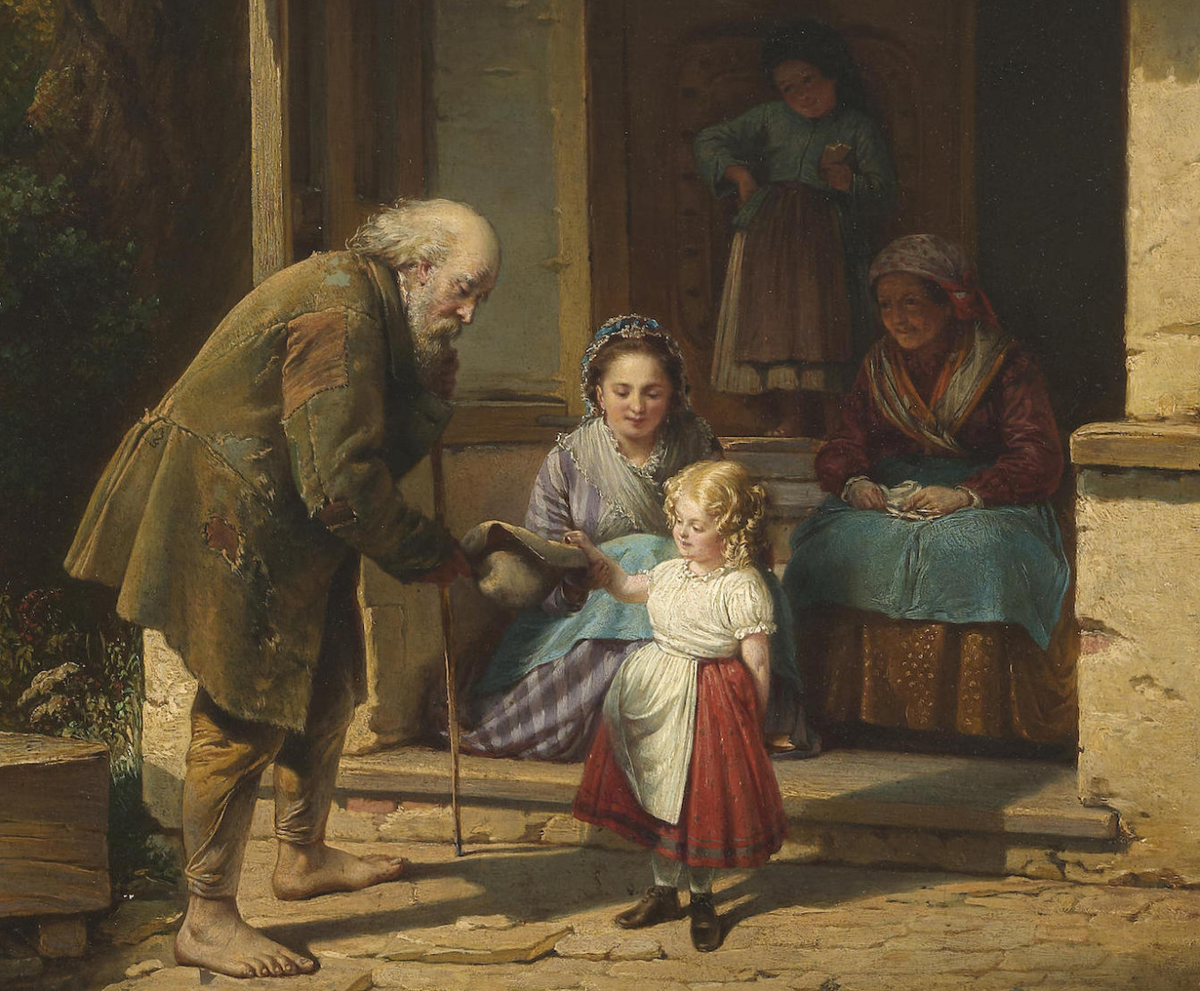 Подай просящему. August Heinrich Mansfeld (Austrian, 1816-1901) Charity (Милосердие). 1871 Г.. Август Генрих Мансфельд. Август Генрих Мансфельд Милосердие. Подаяние живопись 19 век Россия.