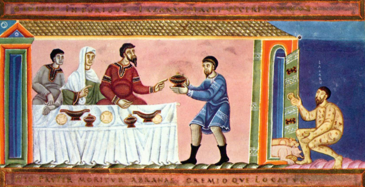  Миниатюра «Золотого кодекса» из Эхтернаха. 1030-1050 гг. Притча о богаче и Лазаре.