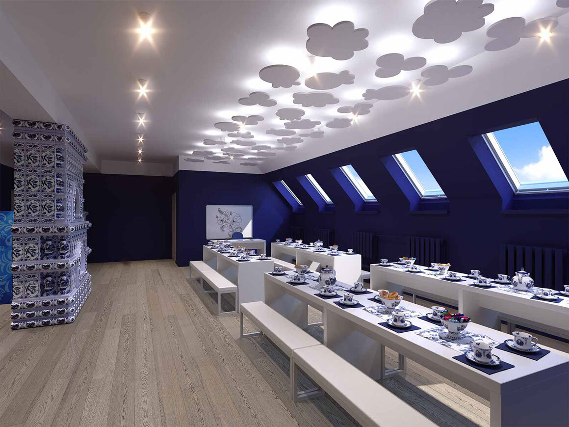 Столы для мастер-классов и чаепитий, стол художника, ведущего мастер-класс и изразцовая печь