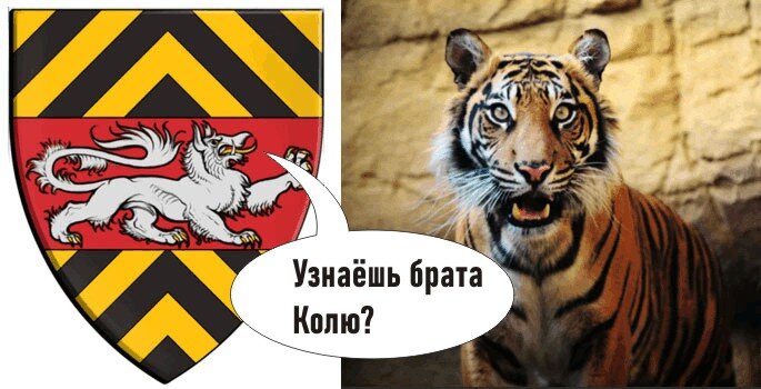 На рисунке слева геральдический тигр (tyger).  Удивление его природного собрата понятно,  геральдический тигр не обладает полосатым окрасом, да и мордой не вышел.