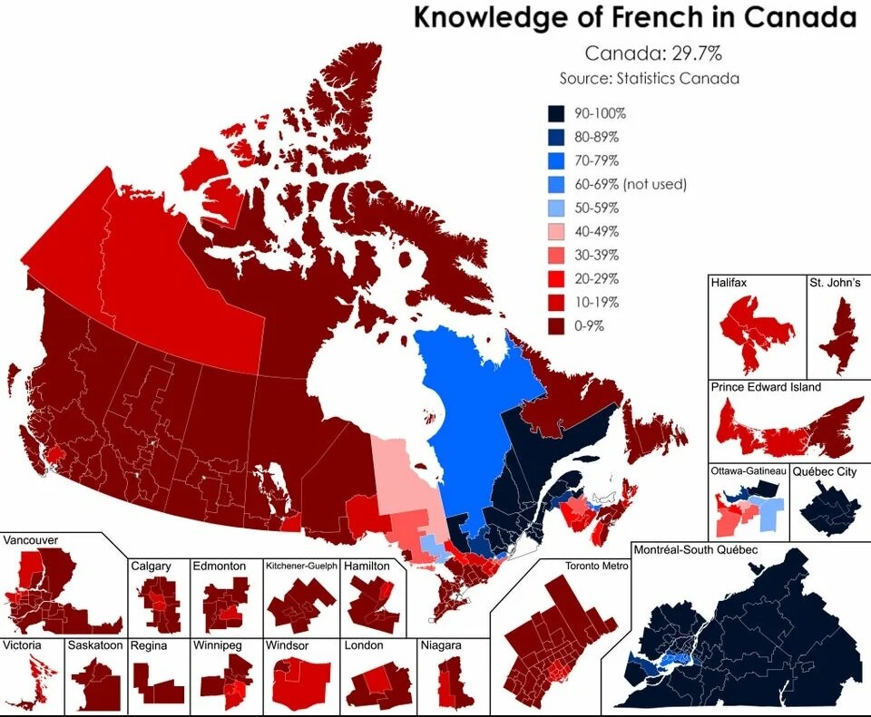 Распространенность французского языка в Канаде (по провинциям и крупным городам). Источники - https://zen.yandex.ru/media/immigranttoday, https://www.parcourscanada.com/
