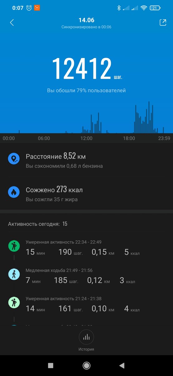 Вот так выглядит отчёт в приложении для браслета за вчерашний день. 