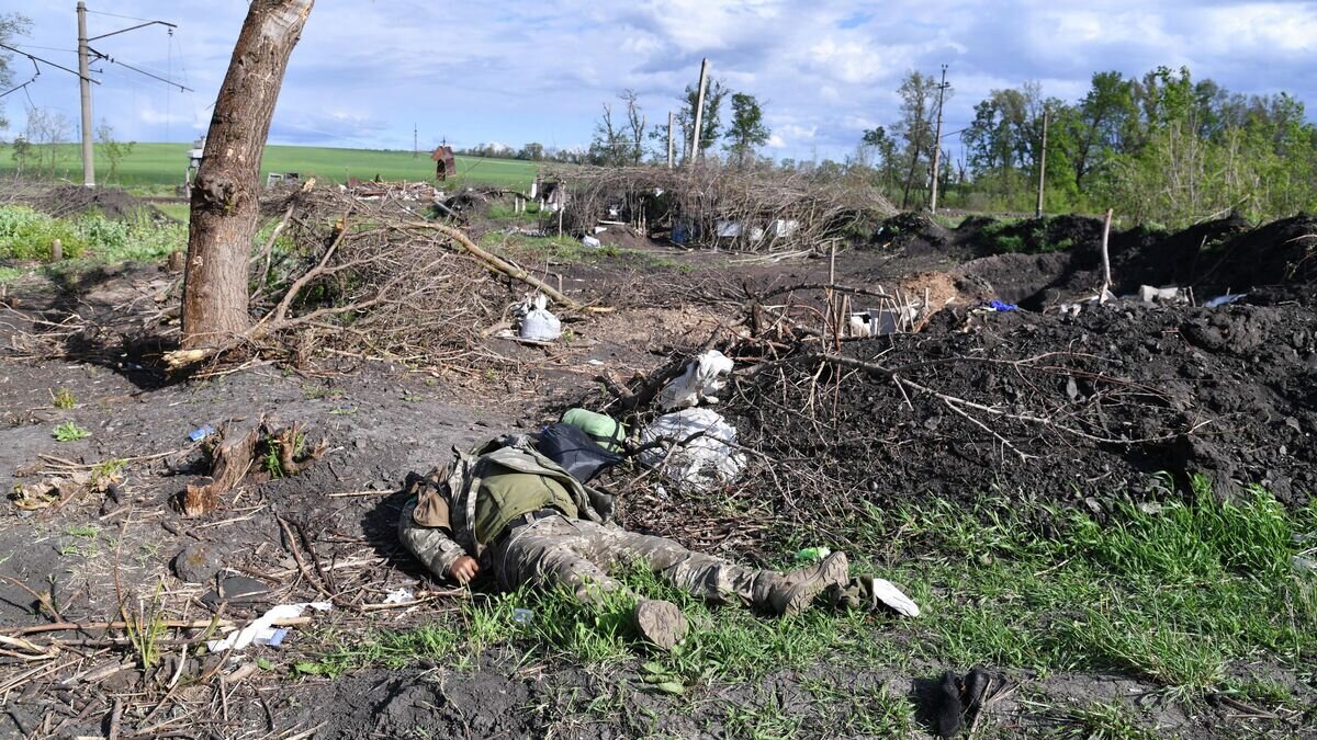    Погибший военнослужащий ВСУ у села Цуповка в Харьковской области© РИА Новости / Виктор Антонюк