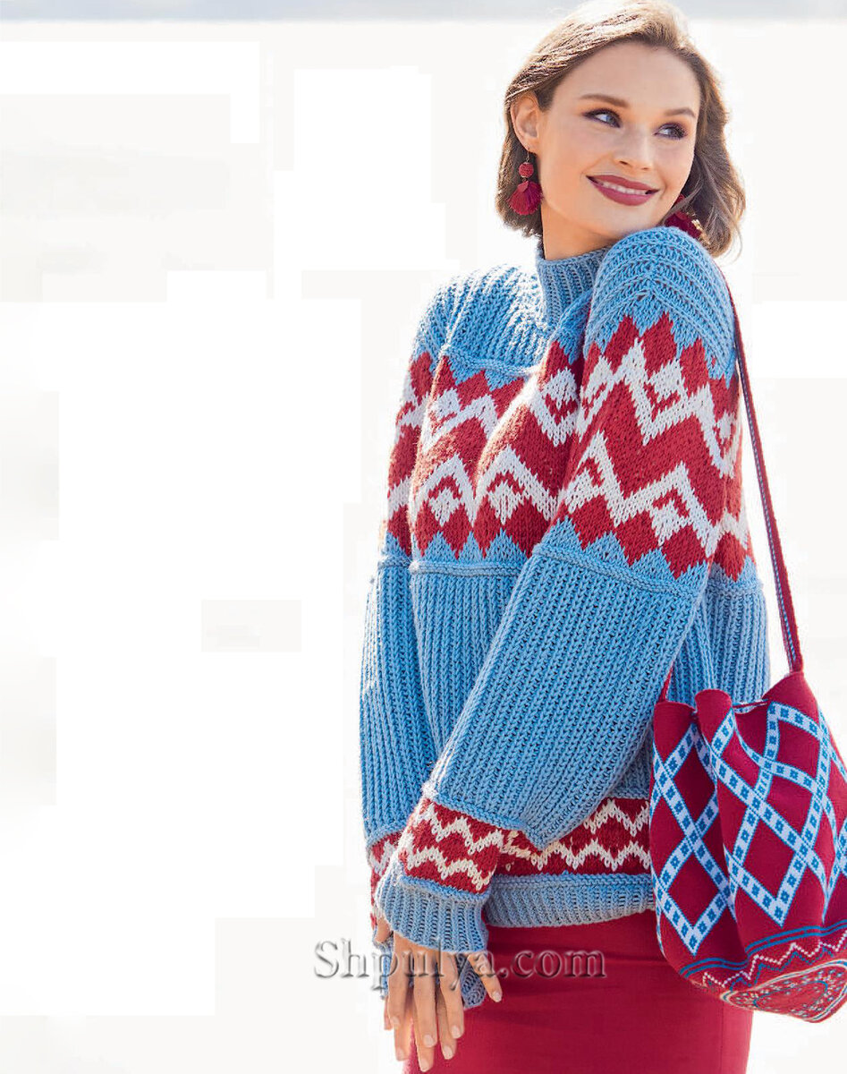 Пуловер с патентным узором и жаккардовыми полосами