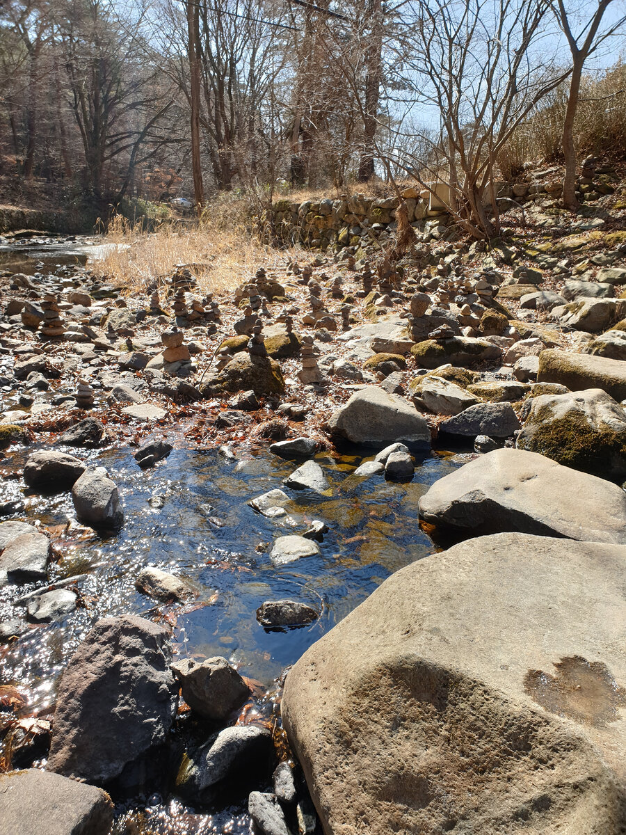 Рукотворные каменные пирамиды в пойме ручья