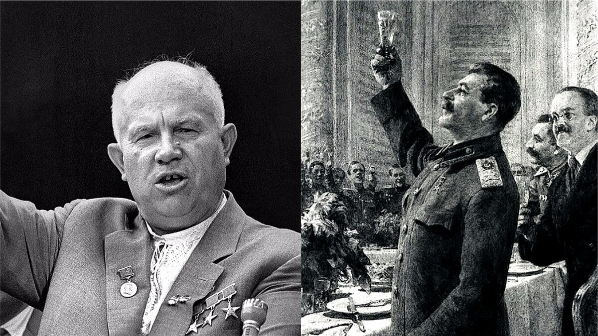 Слева Никита Хрущев, справа Иосиф Сталин.