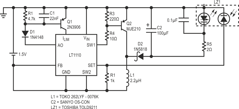 Драйвер лазерного диода работает от одного элемента питания ...