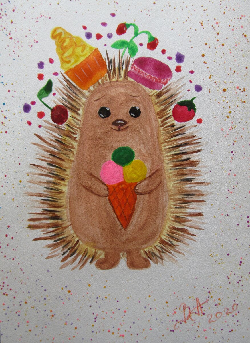 Рисунок акварелью. Ежик с мороженым.