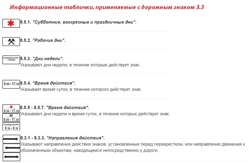 Информационные таблички, применяемые с дорожным знаком 3.3
