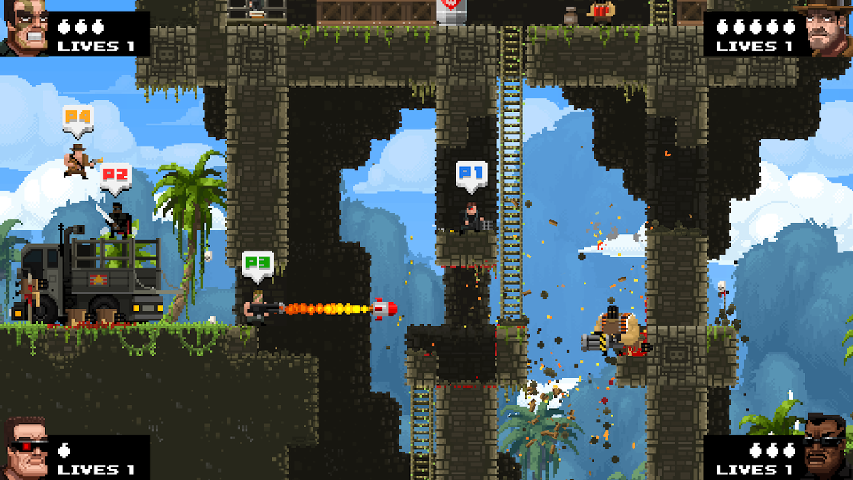  Действие хитового кооперативного платформера Broforce полностью происходит в двух измерениях. Четыре коммандос пытаются спасти мир от неминуемой гибели