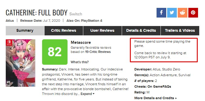 Тем временем на Metacritic убрали лок на оценки от пользователей