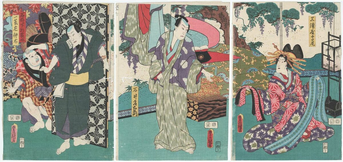 Artist:Utagawa Kunisada Title:Actors Iwai Kumesaburô III as Miuraya Takao (R), Kataoka Nizaemon VIII as Ishii Tsuneemon (C), Nakamura Fukusuke I as Ishii Shimobe Tôsuke, and Ôtani Tokuji II as Ittô Sachûta (L) Date:1857