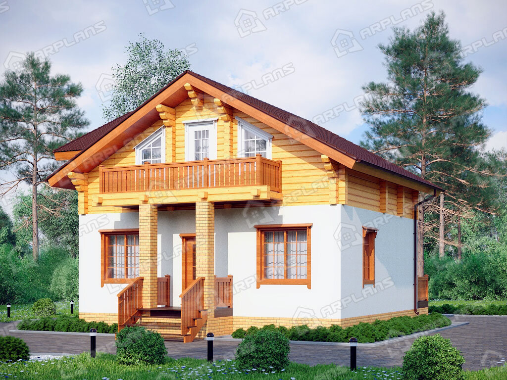 Фото 2 комбинированного дома из газобетона и бревна с мансардой, 3 спальнями, гостевой, балконом, топочной и террасой. Общая площадь 130 кв м. Источник arplans.ru Проект А-031