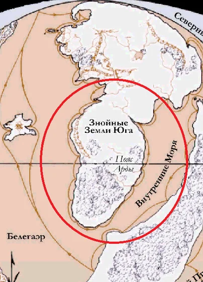 Территории Харада, где побывали нуменорцы (обведены красным). Фото взято из "Атласа Средиземья" Каренн Винн Фонстад.