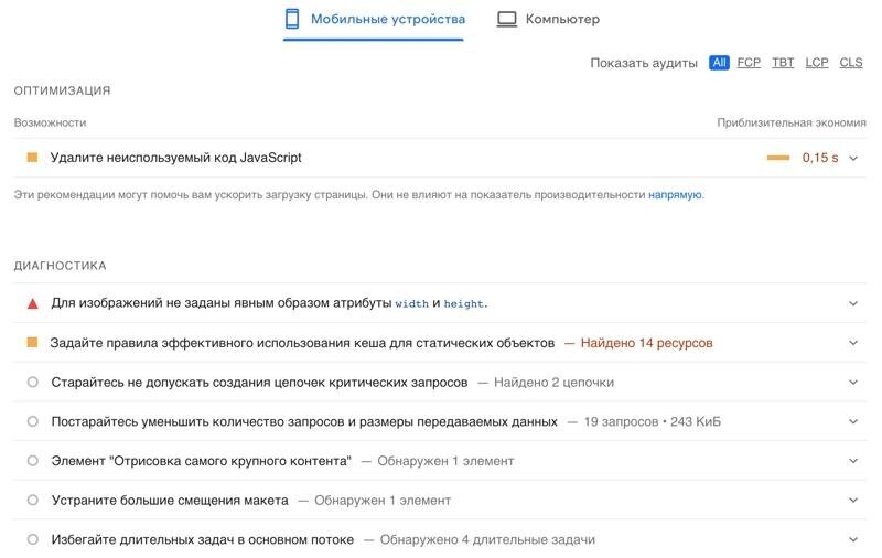 Скриншот PageSpeed Insights за январь 2022 года