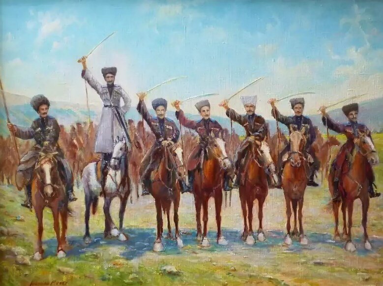 "Разъезд ингушского полка Дикой дивизии в предгорьях Карпат"   худ. Руслан Киселев Источник картинки: museumizori.ru