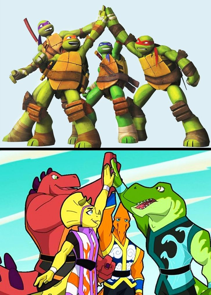 Черепашек-ниндзя знают все, но мало кто в курсе, что у них есть канадско-корейско-немецкая пародия под названием "Кунг-фу Дино Отряд". Сюжет все тот же: команда молодых рептилий борется с преступностью в современном мире. Отличие только в том, что вместо черепашек здесь динозавры.