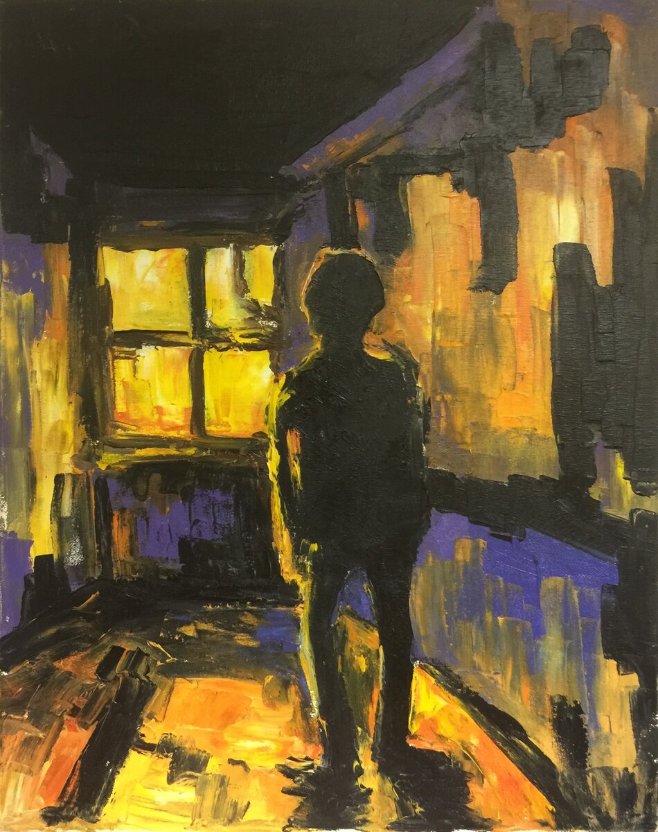 Никита Павлов «Один в четырёх». Картина написана в психиатрической больнице, в тяжелое для художника время. После лечения он восстановил психическое здоровье. Работа предоставлена галереей Арт-Гнездо