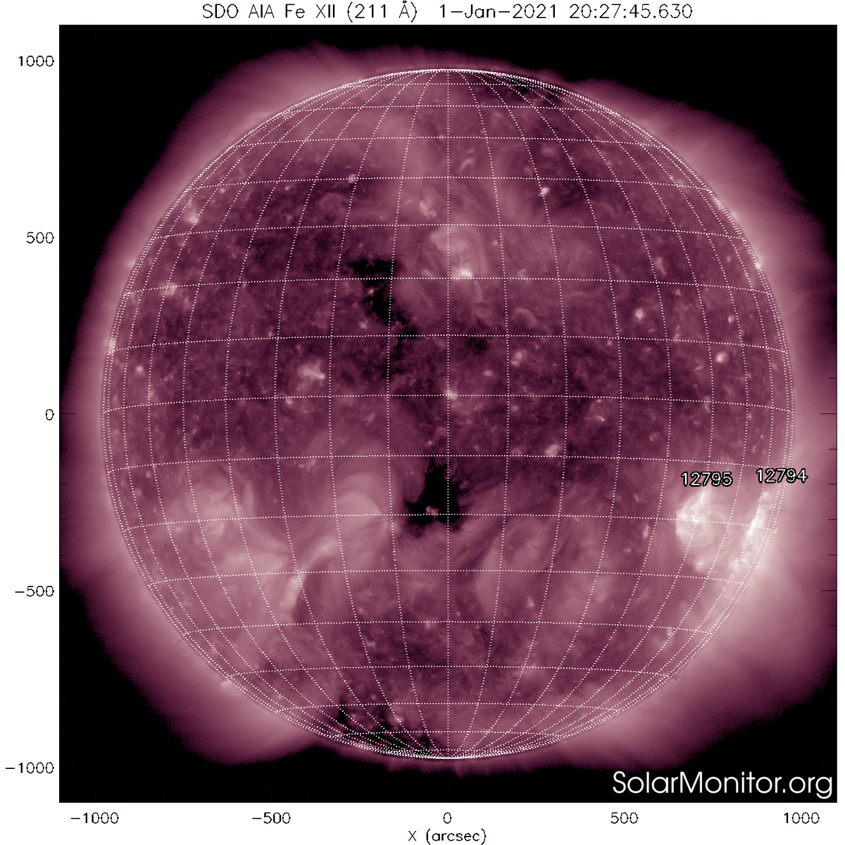 Солнце в УФ-излучении 1 января 2021 ( SDO/AIA). 