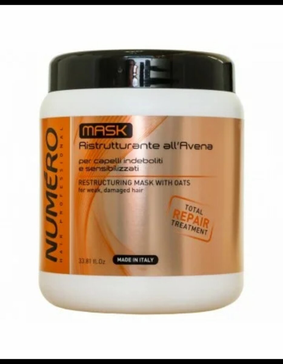 ☑️2. Маска для волос восстанавливающая с экстрактом овса Brelil Numero Numero Total Repair Mask

➡️О продукции

Это уникальный продукт для придания объёма шевелюре, природного сияния, повышения шелковистости и упругости. Маска насыщенная органическими ингредиентами, легко наносится и смывается. Одобрена дерматологами. К тому же довольно таки бюджетный вариант, тем более с таким качеством и результатом ☑️ Цена за 300 мл – 250 руб