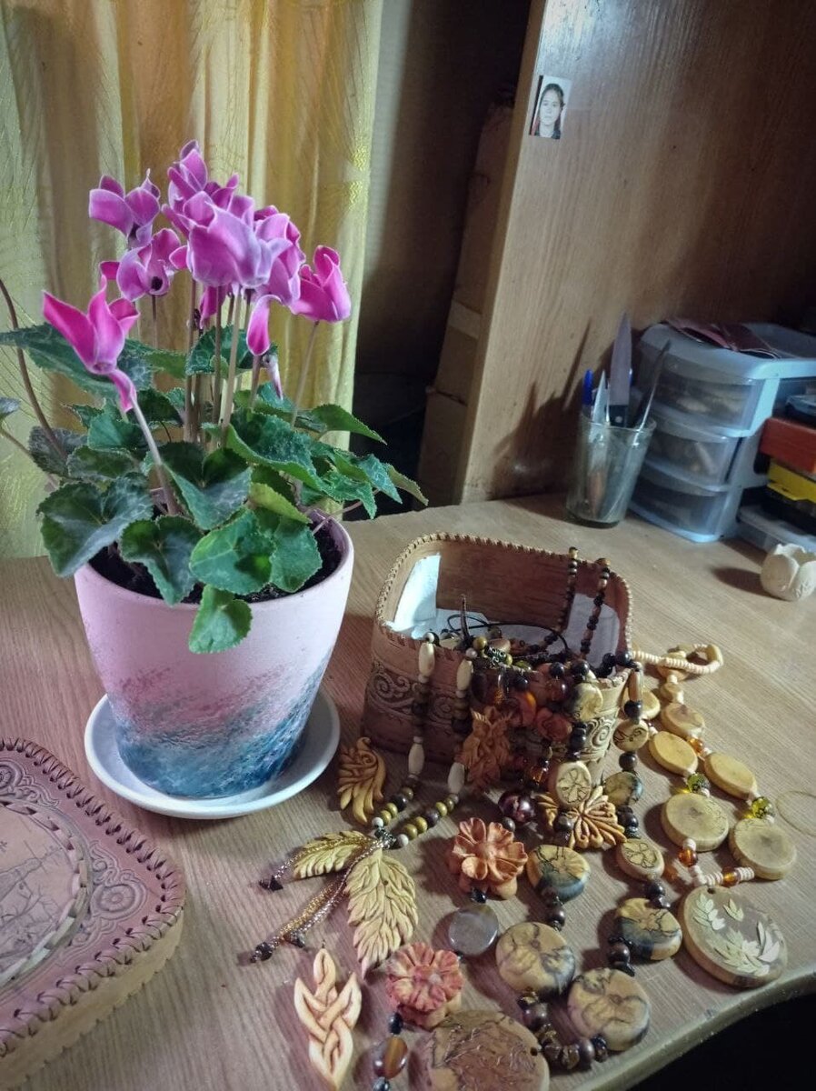 Мой оберегаемый от кошек цикламен и рукодельная шкатулка.