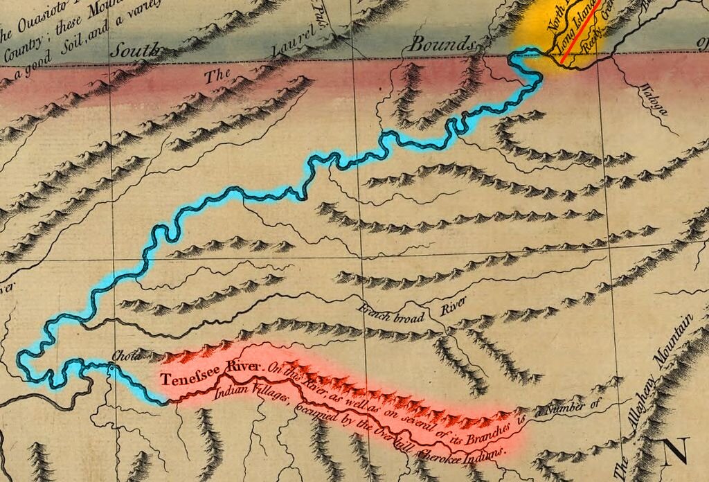 Путь Тимберлейка по реке Холстон от Лонг-Исланд до реки Теннесси и деревень Чероки,, скрин с карты 1776 года 